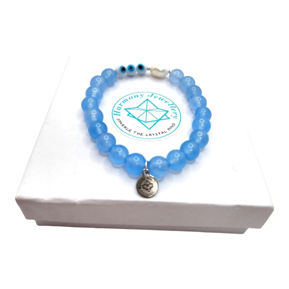 Aquamarine Quartz, Evil Eye, Freshwater Pearl, Harmony charm bracelet 8 mm